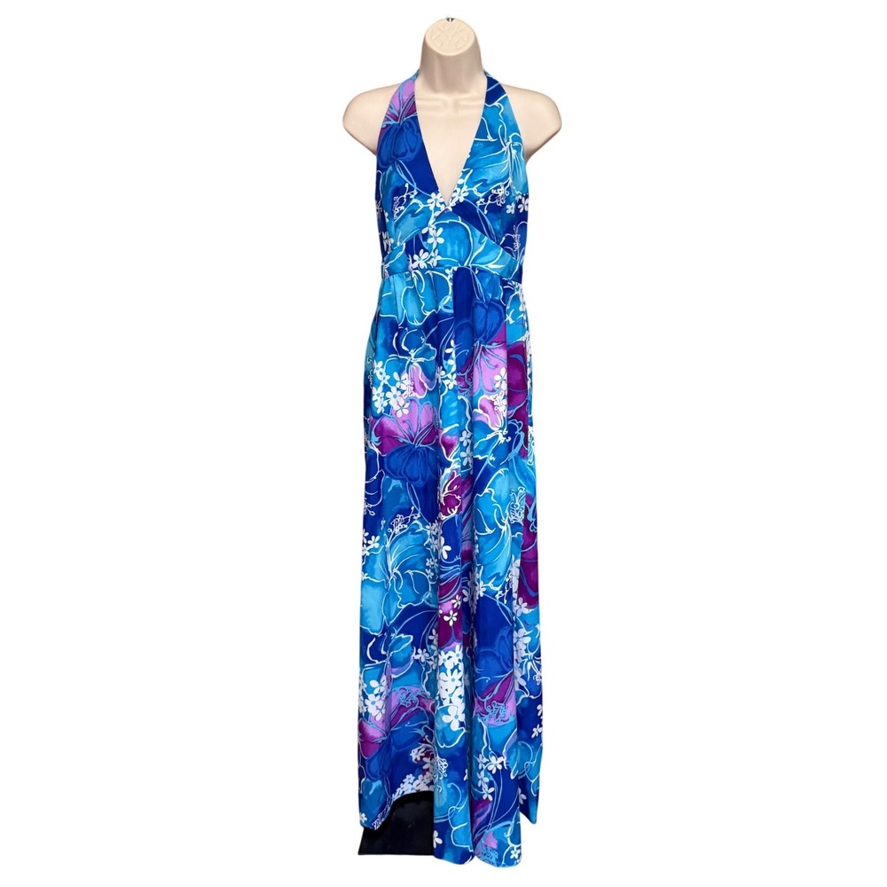 Hukilau Fashions Maxi Dress Tropical Floral 14 Blue Excellent Vintage Halter